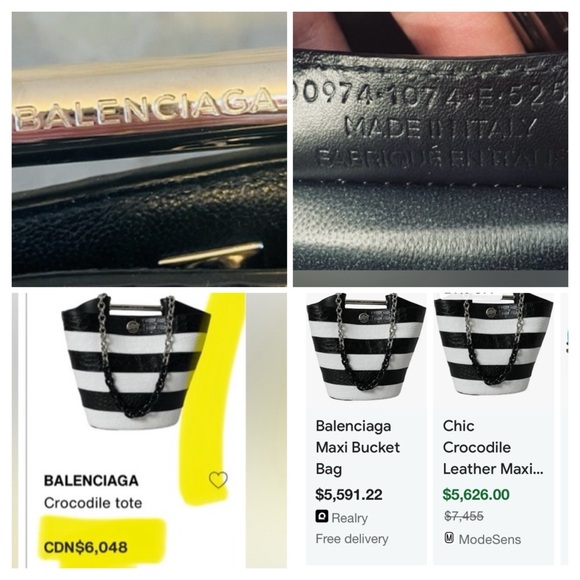 BALENCIAGA NEW BLACK/WHITE STRIPED EXOTIC SKIN LEATHER MAXI BUCKET TOTE BAG AUTH - Picture 16 of 17